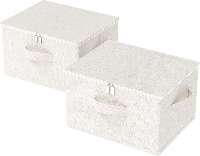 Fabric Underbed Storage Bins with Lid, Foldable Cube Organizer, Home Wardrobe Containers Box for Organizing Clothes, Shoes, Blankets, Pillows, 19.6x15.7x11.8Inches, Beige, 2 Pack