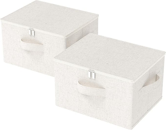 Fabric Underbed Storage Bins with Lid, Foldable Cube Organizer, Home Wardrobe Containers Box for Organizing Clothes, Shoes, Blankets, Pillows, 19.6x15.7x11.8Inches, Beige, 2 Pack
