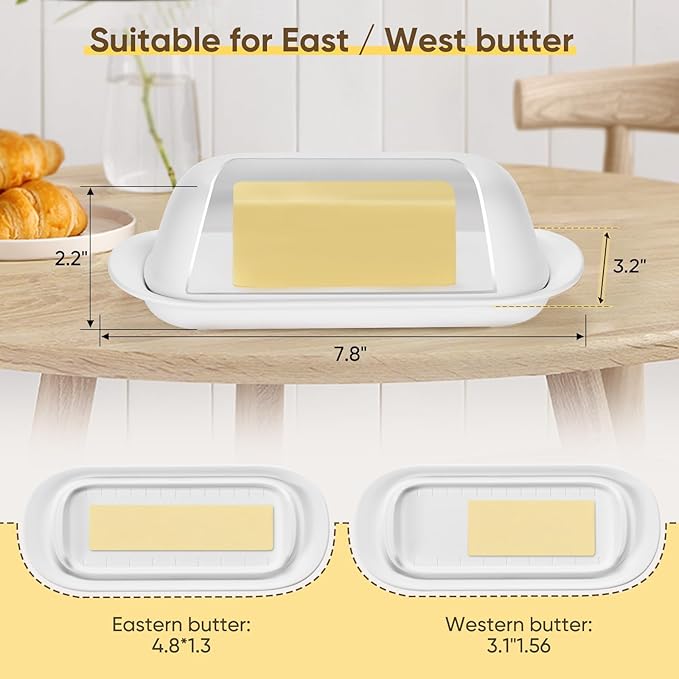 Butter Dish with Lid, Butter Keeper for Countertop, Airtight Butter Dish, Plastic Butter Keeper Tray for West/ East Coast Butter, Dishwasher Safe(White)