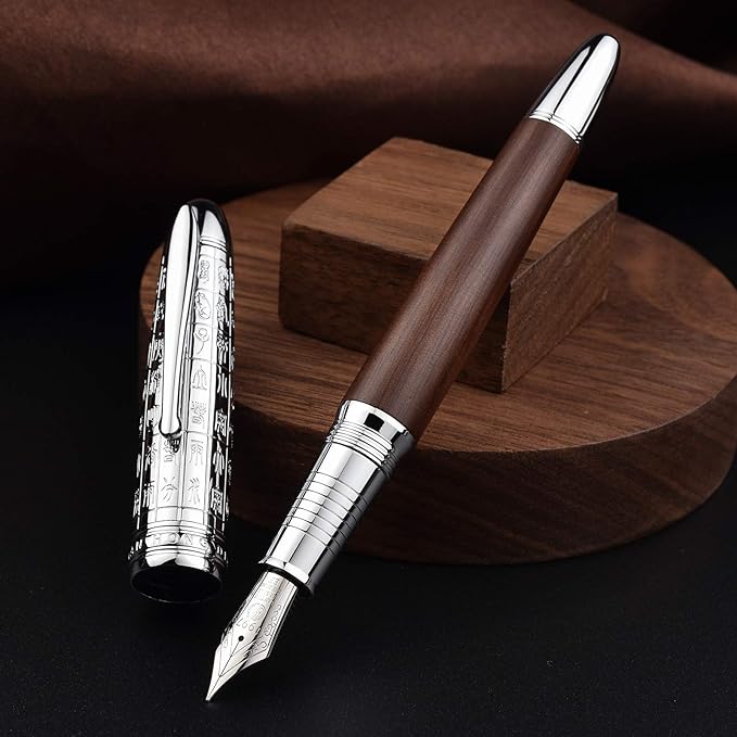 Hongdian 6016 Natural Wood Fountain Pen, Iridium Medium Nib Writing Pen with Metal Pen Case