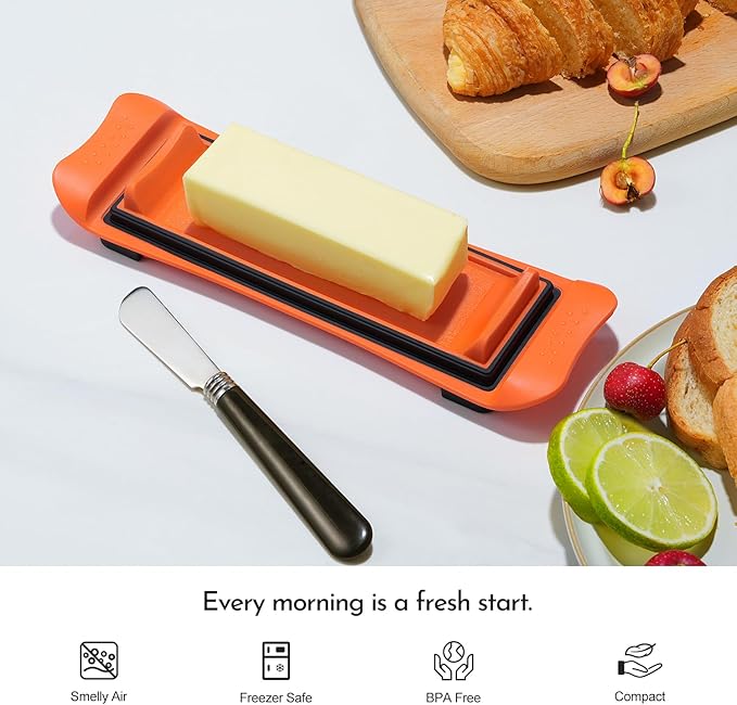 Butter Dish, IKOCO Airtight Butter Dish with Lid for Countertop and Refrigerator, Dishwasher Safe Butter Holder Container for Eastern and Western butter, Orange