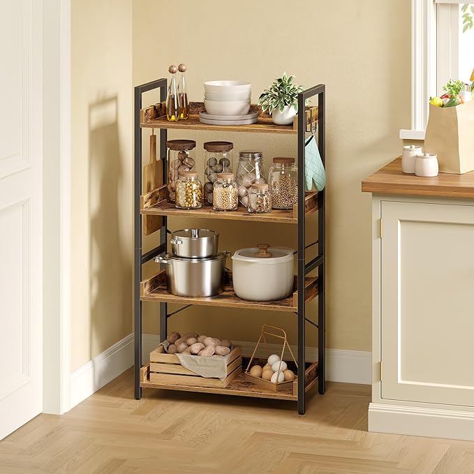 Rolanstar Bookshelf 4 Tier with 4 Hooks, Industrial Wood Bookcase, Vintage Storage Rack with Open Shelves, Rustic Standing Bookshelves Metal Frame Display Rack for Living Room, Bedroom, Rustic Brown