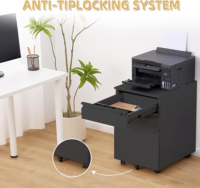 Garvee Mobile Filing Cabinet 3 Drawer,Under Desk File Cabinet with Lock & Anti-Tip Wheel, Metal Rolling Filing Cabinets for Home Office Organizer,a4/Letter/Legal Hanging File Folders