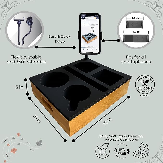 Couch Caddy with Cup Holder | Bamboo Couch Cup Holder Tray for Drinks, Snacks & Remotes | Couch Tray for Bed, Car Seat & Beach Organizer (Black)