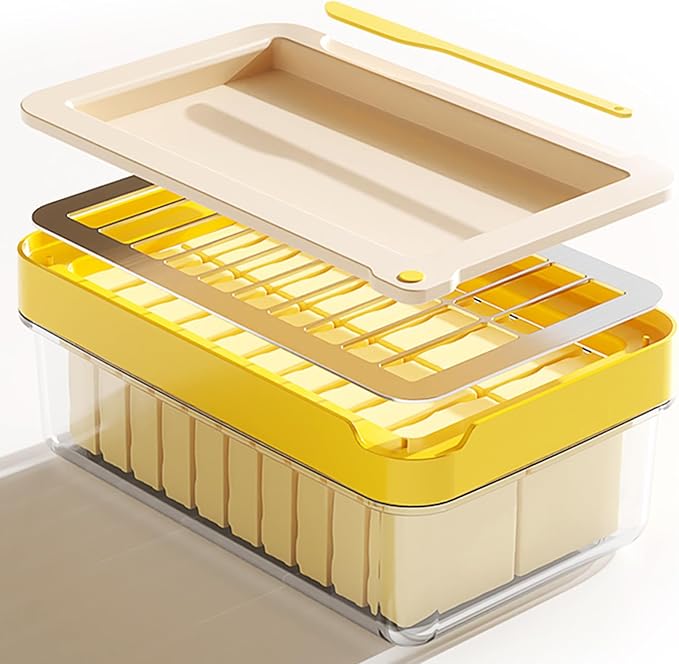 Butter Cutter Slicer with Lid and Knife for Countertop and Refrigerator, Airtight Butter Keeper Container, Butter Holder for East/West Coast Butter