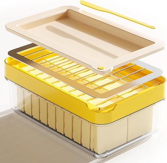 Butter Cutter Slicer with Lid and Knife for Countertop and Refrigerator, Airtight Butter Keeper Container, Butter Holder for East/West Coast Butter