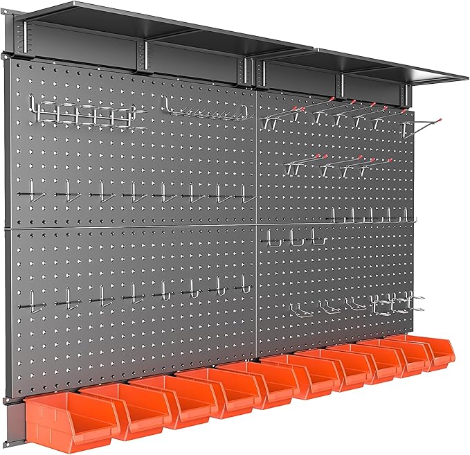 TORACK Metal Pegboard with Peg Board Hooks, Tools Storage Pegboard with Pegboard Hooks, Wall Mounted Storage Bins, Shelves, Tool Organizer Board with Pegs(Black)