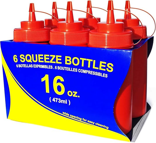 New Star Foodservice Squeeze Bottles, Plastic, Wide Mouth, 16 oz, Red, Pack of 6