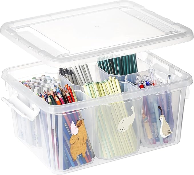 loobuu 17QT Plastic Storage Bins with Lids - 1 Pack Art Craft Supply Organizer Box with Brush Pot for Kids, Stackable Clear Pen Container for Toy/Sewing/Comestic/Tool/Playdoh (1 Pack)