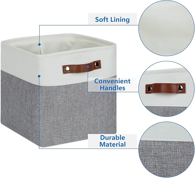 Temary Fabric Storage Baskets - 11 Inch Storage Cubes Set of 4 for Organizing, Books, Blankets (White&Gray)