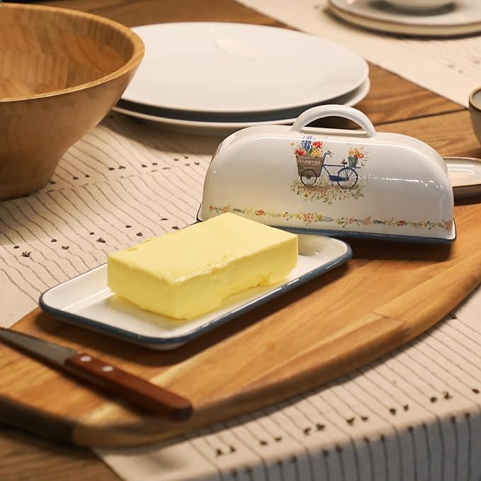 Enamel Butter Dish with Lid Vintage Enamelware Butter Keeper with Flower and Bird Patterns Farmhouse Butter Container Butter holder for Countertop Kitchen Decor Blue