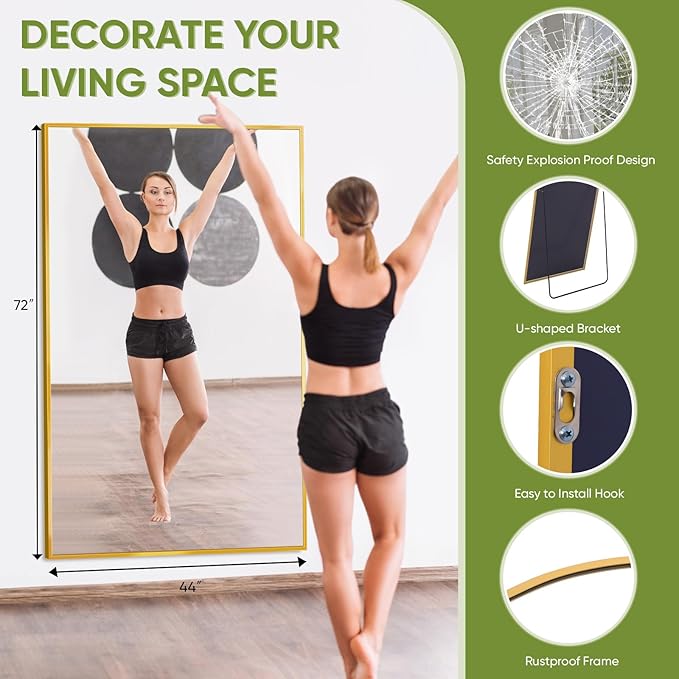 Full-Length Floor Mirror with Stand, 72"x44" Rectangle Style Full Body Standing Mirror for Bedroom, Living Room, Gym, Dorm - Shatter-Resistant & Easy Assembly, Gold