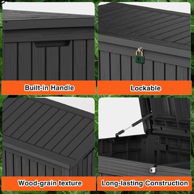 180 Gallon Lockable Resin Deck Box, Waterproof & UV-Resistant Outdoor Storage Box for Outdoor Cushion Storage, Garden Tools & Pool Accessories Storage, Black