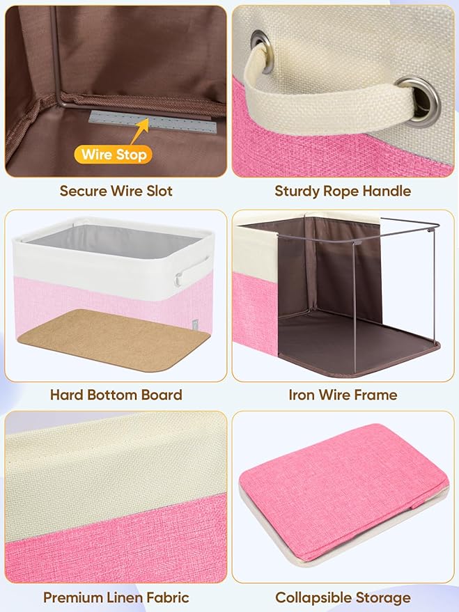 BALEINE 1 Pack Fabric Storage Bins for Shelves, Linen Storage Baskets for Organizing, Decorative Closet Bins for Clothes, Home (Pink, 14''x10''x8.5')