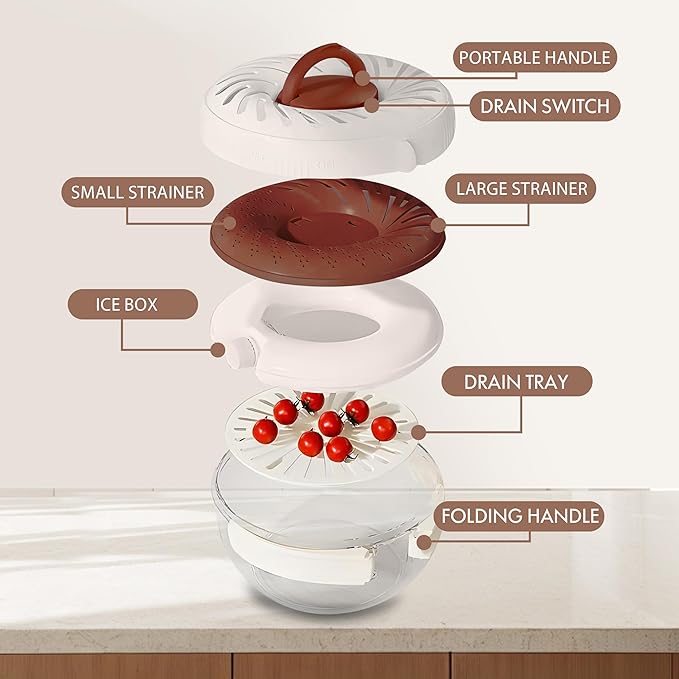 2025 New Upgrade Fruit Washing Bowl with Strainer,3 in 1 Multipurpose Drain Basket with Lid & Ice Box,Foldable Handle Fruit Strainer,1QT(1L)Fruit Washer Perfect for Fridge Storage and Outdoor Picnics