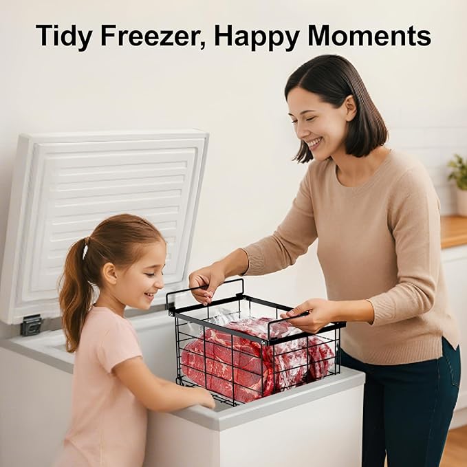 iSPECLE Deep Freezer Organizer Bins - 4 Pack Large Freezer Organizer for 5 to 7 Cu.Ft Chest Freezer, Stackable Easy Access Food No More Digging, Sturdy Metal Wire Basket Not Scratch Bottom, Black