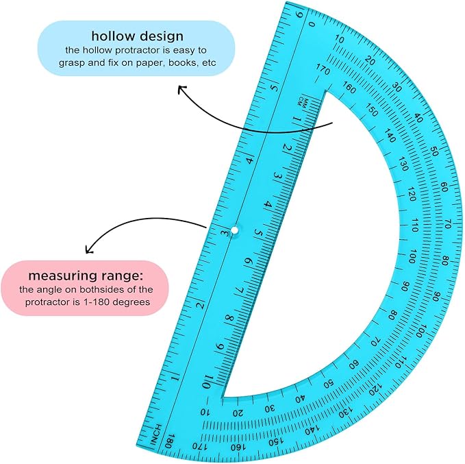 Zonon 100 Pack 6 Inch Plastic Protractor Back to School Protractors 180 Degrees Pink Blue Clear Protractors for Classroom Math Teacher Student Office Supplies, Clear, Pink, Blue