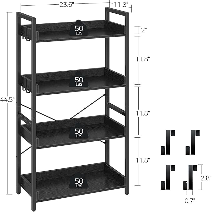 Rolanstar Bookshelf 4 Tier with 4 Hooks, Industrial Wood Bookcase, Vintage Storage Rack with Open Shelves, Rustic Standing Bookshelves Metal Frame Display Rack for Living Room, Bedroom, Black