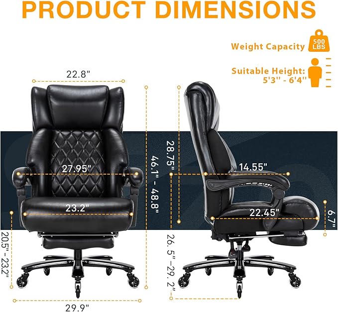 500 LBS Big and Tall Office Chair with Foot Rest High Back Recline Ergonomic Chair for Heavy People, Executive Office Chair Comfortable for Home Office, Large Computer Desk Chair Black
