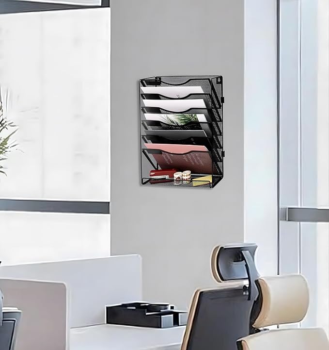 EasyPAG 7 Tier Wall File Holder with Flat Tray, Black | Easy Assemble Mesh Desk File Organizer | 6-Folder Paper Storage | Replaceable Classify Labels | Space Saving Mail Organizer for Office Home