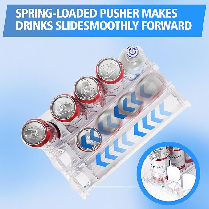 SOLY Drink Organizer for Fridge, Soda Can Dispenser for Refrigerator, Automatic Drink Dispenser Holds 6–20oz, 4 Row, 14.96" Deep