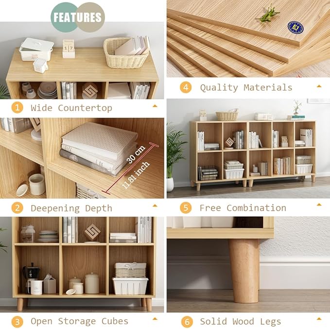 IOTXY Freestanding Open Cubes Bookcase - 2-Tier Floor Standing Wooden Storage Display Cabinet Organizer with Legs for Home Office, 4-Cubes Open Shelf Low Short Bookshelf, Oak