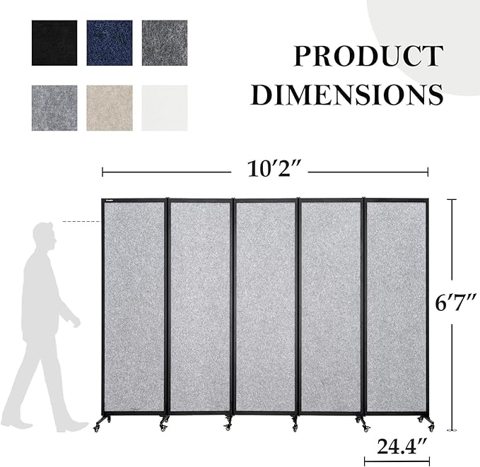Upgrade Version Room Partition and Divider, Freestanding Rolling Dividers with Wheels,Office Privacy Screen Divider Wall,Classroom Felt Dividers,10'6"L* 6'7"H,5 Panel,Light Grey