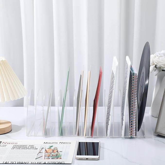 Ctosree Acrylic File Organizer for Desk Vertical 15 Compartments File Sorter Mail Organizer Desktop Countertop Folder Stand Racks for Office Home School Desk(Arch,Clear)