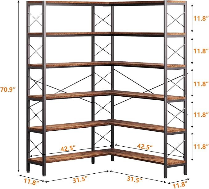 6-Shelf Corner Bookshelf, Vintage Industrial L Shaped Bookshelf Etagere Bookcase, Corner Shelf with Metal Frame Open Storage Rack Corner Book Shelf for Home Office Living Room (Retro Brown)