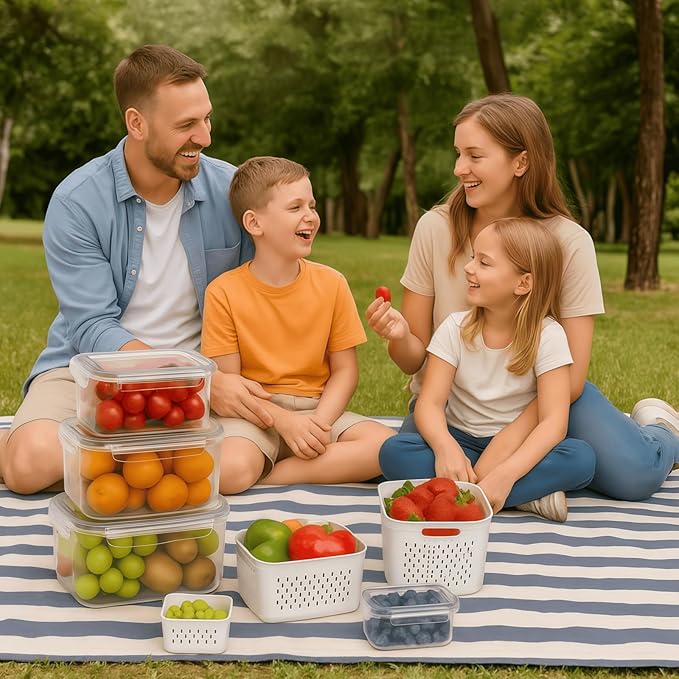 4 Pack Food Storage Containers with Lids – Refrigerator Organizer with Removable Colander & Drain Basket, Airtight Produce Saver for Fruits & Vegetables
