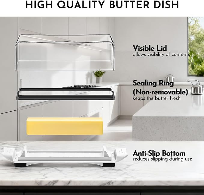 Butter Disher with Lid, IKOCO Butter Keeper Container for Refrigerator and Countertop Use with Butter Knife, White