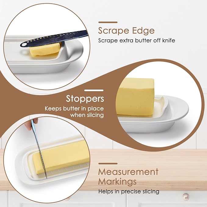 Butter Dish with Clear Lid, Butter Keeper for Countertop, Airtight Butter Dish, Plastic Butter Keeper Tray for West/ East Coast Butter, Dishwasher Safe(White)