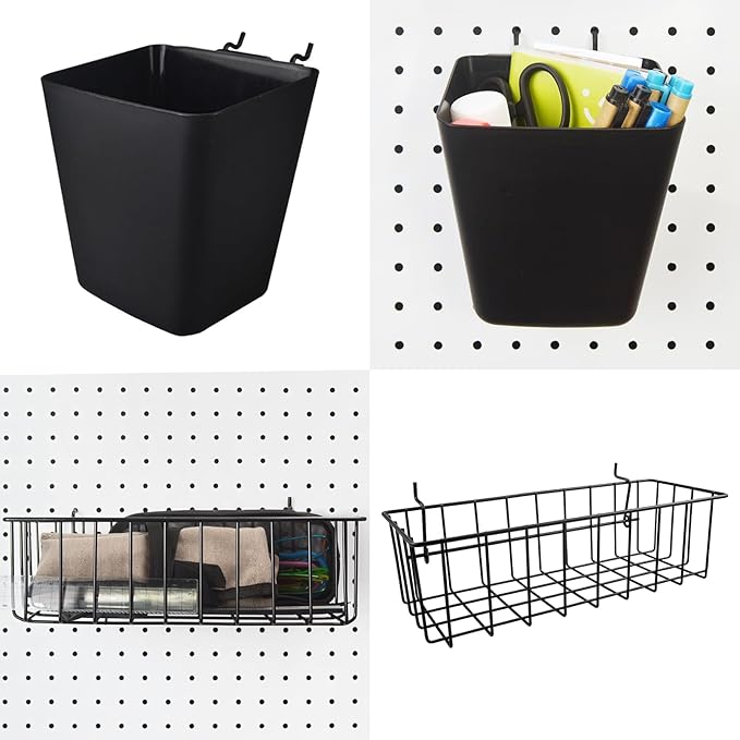 G.CORE Peg Board Organizer 21 Pack, Pegboard Accessories with Baskets Cups Hooks - 1/8" & 1/4" Peg Board Wall Tool Organizers, Utility Holders & Hangers for Garage Craft Workbench (Black & Black)
