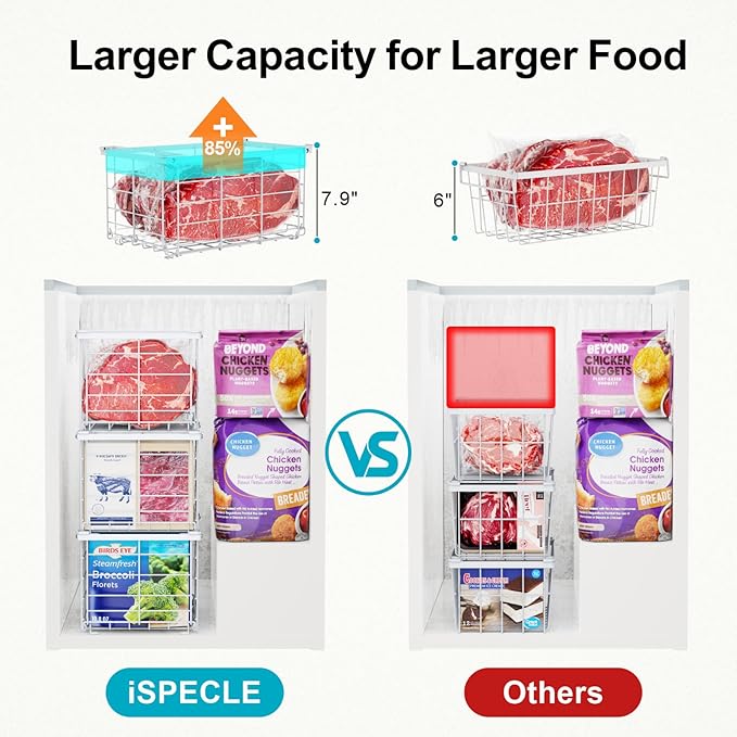 iSPECLE Deep Freezer Organizer Bins - 3 Pack Large Freezer Organizer Bins for 5 to 7 Cu.Ft Chest Freezer, Stackable Easy Access Food No More Digging, Sturdy Metal Wire Basket Not Scratch Bottom, White