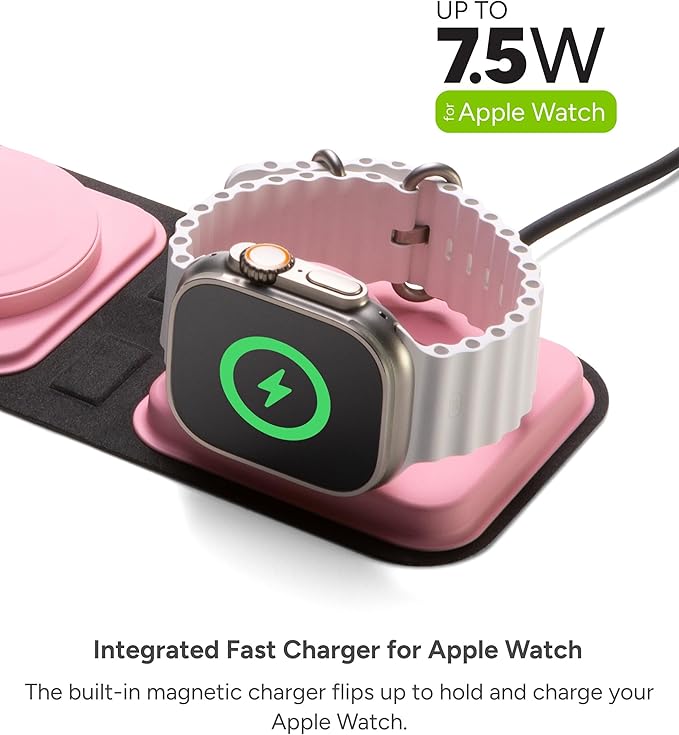 Mophie 3-in-1 Travel Charger with MagSafe - Portable Wireless Charging Hub, Compatible w/iPhone 17/16/15/14/13/12 Series, Apple Watch Series 11 to 1 & Ultra, AirPods Pro/3rd Gen, Cherry Blossom Pink