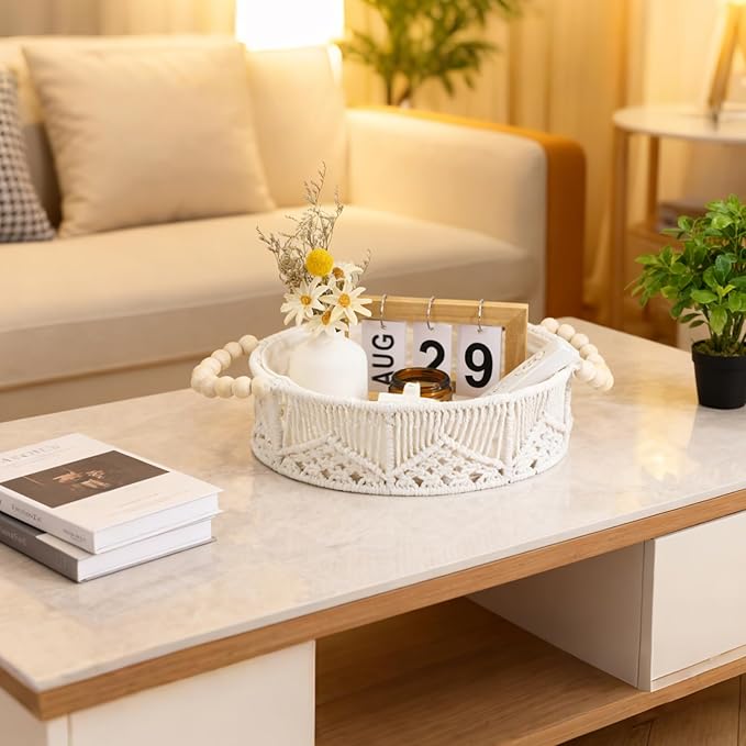 Handwoven Storage Basket Organizer with Wooden Beads Handles, Boho Decor Round Macrame Shelf Basket for Bedroom Living Room Entryway Decorative Counter Home Decor, White