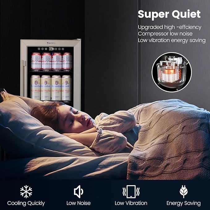 15 Inch Beverage Refrigerator Under Counter, 130 Cans Beverage Fridge with Tempered Glass Door & Lock, 37-65°F Beverage Cooler For Home/Bar, Built-in/Freestanding Mini Drink Cooler(3.53 cu.ft)