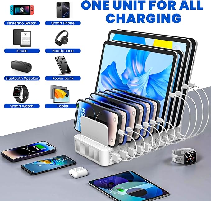 Charging Station for Multiple Devices, 100W 10 Ports Charging Dock with 10 Cables Smart IC Tech and Adjustable Dividers Type-C，Multi USB Charger for iPhone Galaxy iPad Tablet，White