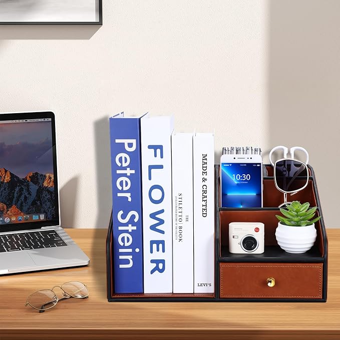 GORESE PU Leather Desk Organizer with Magazine File holder, Drawer and 4 Compartments, Office Workspace Organizers and Accessories, Large Desktop Organization with File Rack Pen Holder - Tan Brown