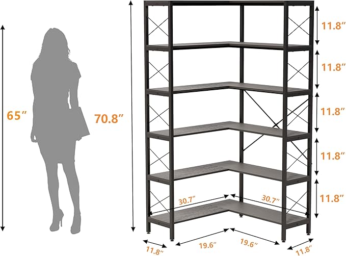 6-Shelf Corner Bookshelf, Vintage Industrial Corner Bookshelf Etagere Bookcase, Large Book Shelf with Metal Frame Open Storage CornerCabinet (Black, Small)