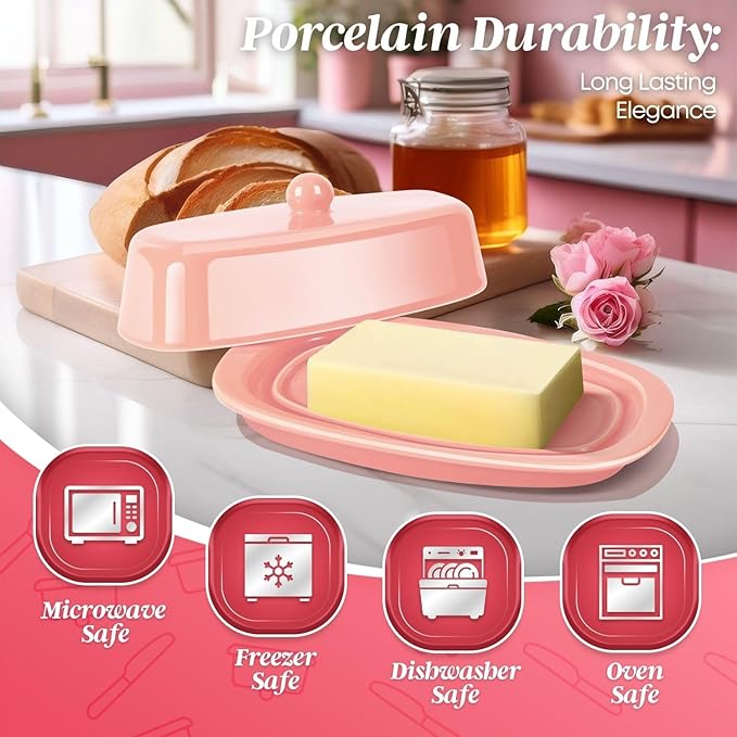Flexzion Ceramic Pink European Butter Dish with Lid for Countertop (7 Inch) - 1 Stick Butter Holder for Counter, Cream Cheese Container Storage Keeper