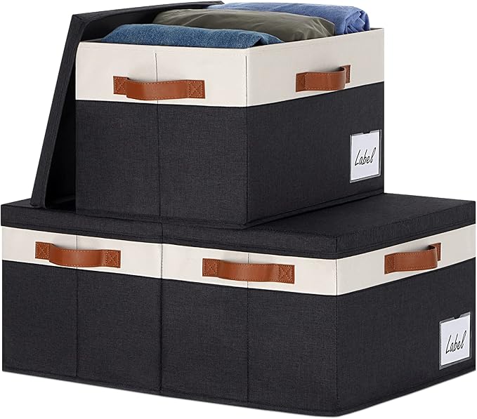 GhvyenntteS Extra Large Storage Bins with Lids, Foldable Fabric Storage Boxes with Lids and Handles, Storage Baskets with Lid and Label for Home Office (3 Pack, Black, 15.75" x 11.8" x 10.2")