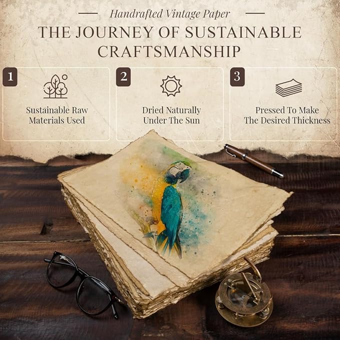 NomadCraftsCo. Blank Vintage Handmade Deckled Edge Paper | 75 Sheets of Recycled Cotton Papers, Perfect Sheet for Any Medium, Blank Watercolor Paper Cards, 150 GSM Thick & Acid-free Antique Paper