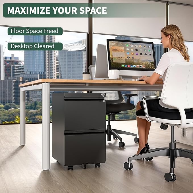 2 Drawer File Cabinet with Lock,Under Desk Rolling Small Filing Cabinet for Home Office Storage, Mobile Steel Cabinets with Wheels, Fully Assembled, Black