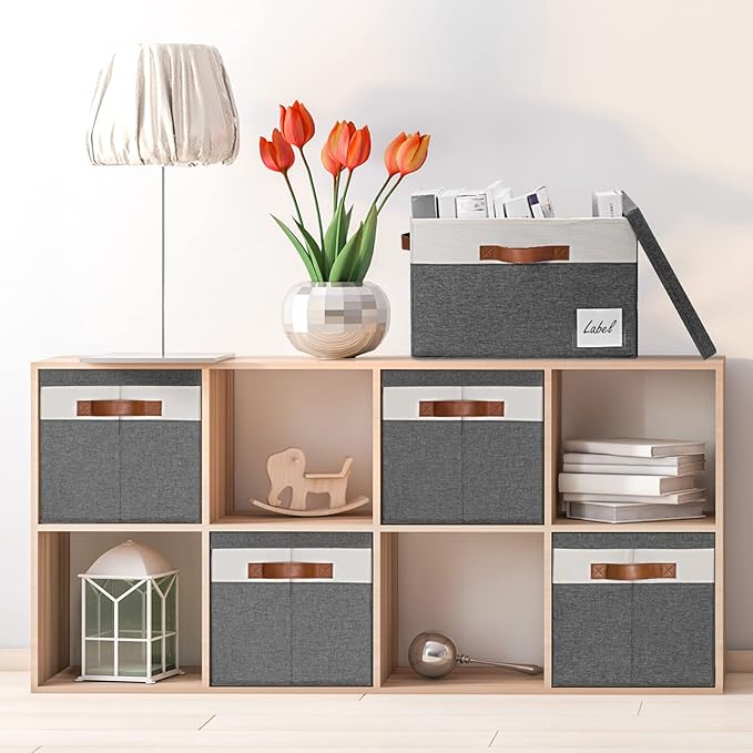 GhvyenntteS Extra Large Storage Bins with Lids, Foldable Fabric Storage Boxes with Lids and Handles, Storage Baskets with Lid and Label for Home Office (3 Pack, Grey, 15.75" x 11.8" x 10.2")