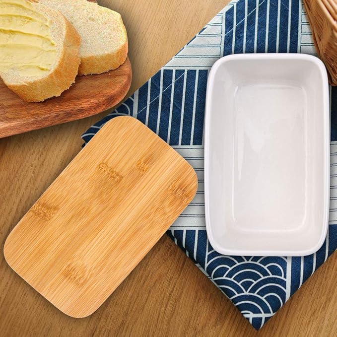 Butter Dish with Lid, LARGE 650ml Porcelain Keeper with Bamboo Lid Cover for 2 Sticks of Butter, Microwave Safe Easy Clean Butter Storage Container for Countertop and Refrigerator (White)