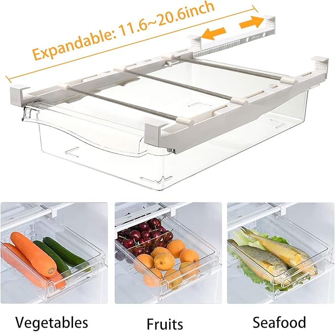 URALFA Fridge Drawer Organizer, Adjustable Refrigerator Drawers for Fruit and Vegetable, Pull Out with Handle, Shelf Holder Storage Box, Fit for Fridge Shelf Under 1.1"