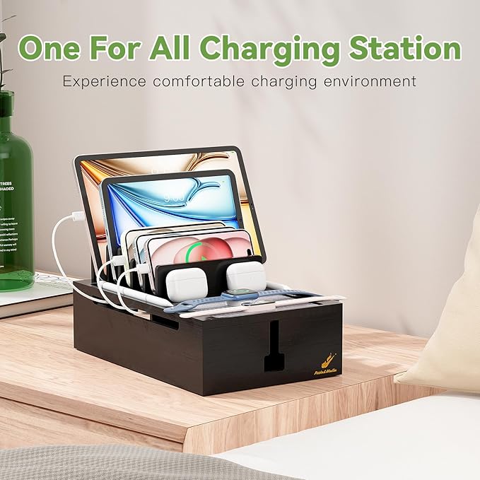 Pezin & Hulin Bamboo Charging Station for Multiple Devices, USB Charger Dock Organizer, with Power Supply (10 Ports HUB), 6 Cables, Cable Management Organizer for Cell Phones, Tablets -Black
