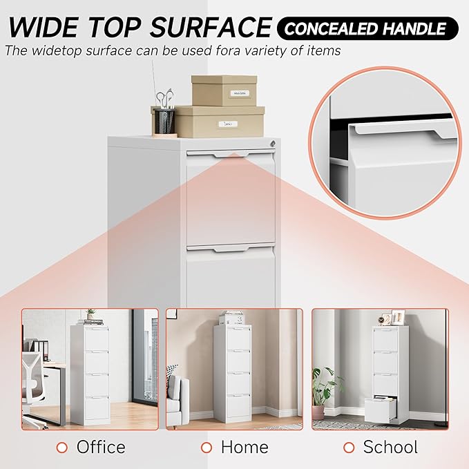 4 Drawer File Cabinet with Lock,17.8" Deep Metal Filing Cabinet,Vertical File Cabinets for Home Office,Locking File Drawer Tall for Hanging Letter/A4/Legal Folders, Easy Assemble-White