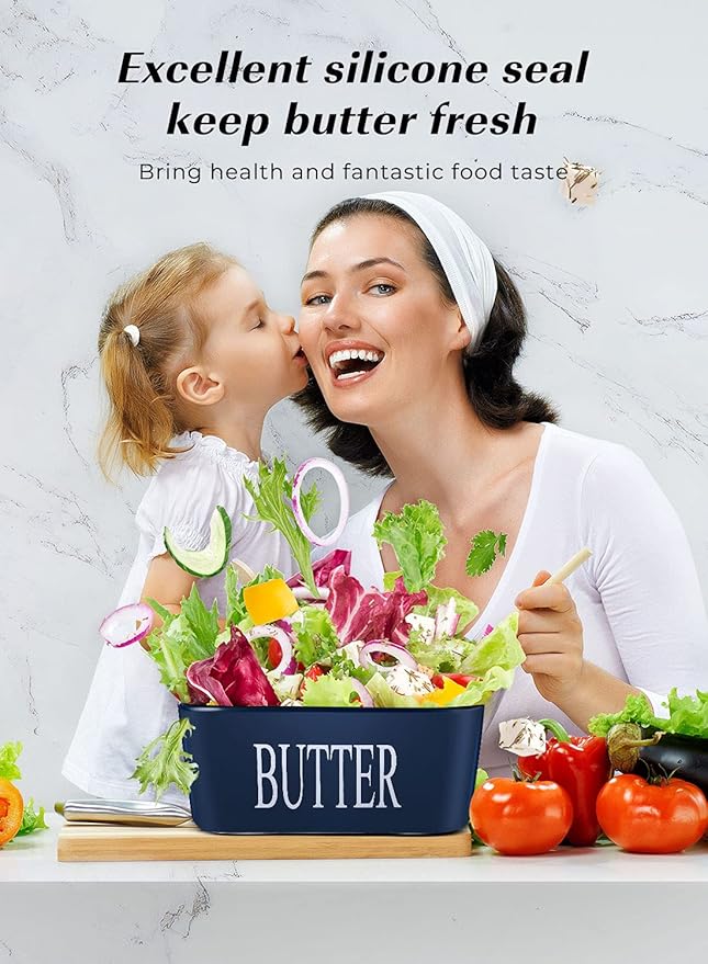 Butter Dish with Lid: Large Butter Container for Countertop - Ceramic Butter Holder for Counter - Butter Tray Butter Keeper with Knife and Sponge Scrubber - Perfect for 2 Sticks of Butter Blue